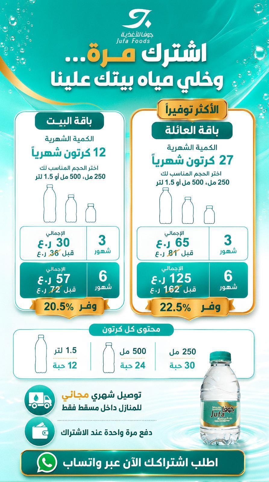 عرض اشتراك جوفا: باقة البيت 12 كرتونًا شهريًا، وباقة العائلة 27 كرتونًا شهريًا، مع توصيل شهري مجاني داخل مسقط. الأسعار تبدأ من 30 ريالًا لثلاثة أشهر.
